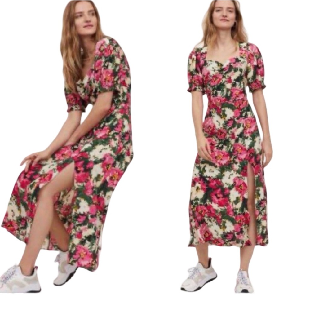H&M Womens Vintage Floral Sweetheart Neckline Side Slit Midi Dress Pink Green XS